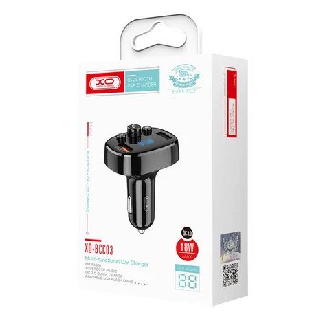 XO BCC03 FM transzmitter Bluetooth, QC 3.0, 2x USB, 18W (fekete)