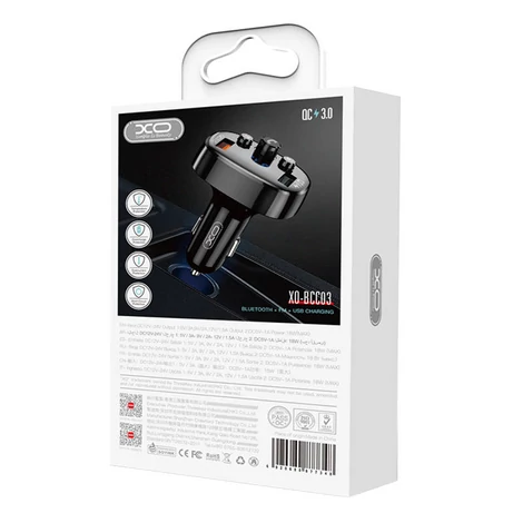XO BCC03 FM transzmitter Bluetooth, QC 3.0, 2x USB, 18W (fekete)