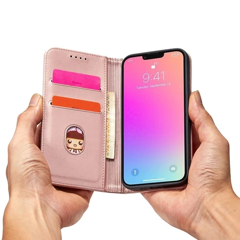 Mágneses kártya tok iPhone 13 tok kártya pénztárca kártya állvány rózsaszín