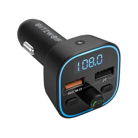 BlitzWolf BW-BC1 Bluetooth 5.0 Fm Transzmitter Autós Töltő 2x USB + MicroSD LED - Fekete