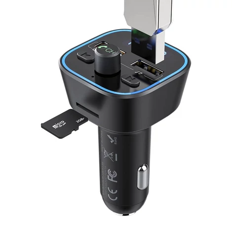BlitzWolf BW-BC1 Bluetooth 5.0 Fm Transzmitter Autós Töltő 2x USB + MicroSD LED - Fekete