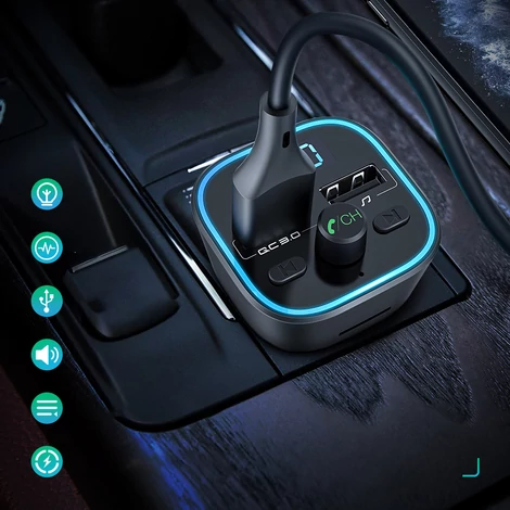 BlitzWolf BW-BC1 Bluetooth 5.0 Fm Transzmitter Autós Töltő 2x USB + MicroSD LED - Fekete