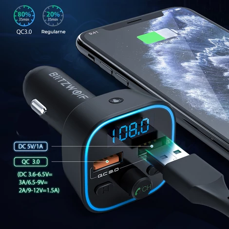 BlitzWolf BW-BC1 Bluetooth 5.0 Fm Transzmitter Autós Töltő 2x USB + MicroSD LED - Fekete