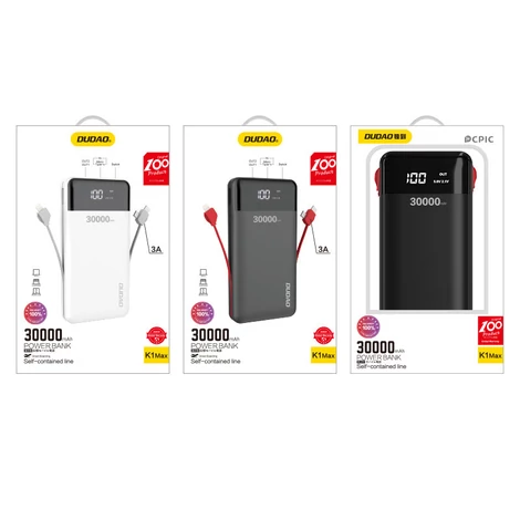Dudao Power Bank 30000mAh kijelzővel és beépített kábelekkel fehér (K1Max white)