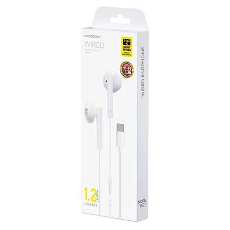 WK Design USB Type C csatlakozóval rendelkező vezetékes fülhallgató, távirányítóval, fehér (YA01)