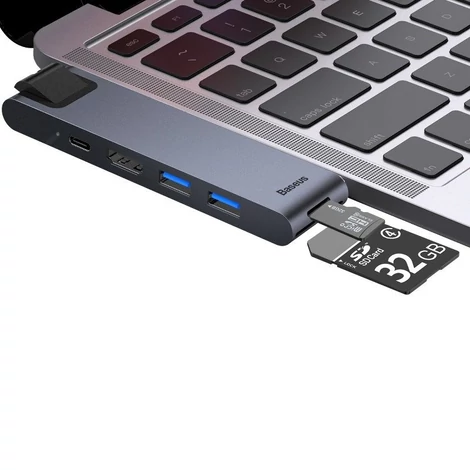 Baseus Enjoyment 7in1 Dual Type-C to HDMI + USB 3.0 + LAN + SD + MicroSD + USB C PD Dokkoló HUB Szürke (CAHUB-L0G)