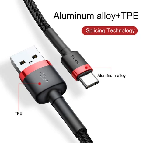 Baseus Type-C USB C Cafule Adat- és töltőkábel 3A 0.5m Piros + Fekete (CATKLF-A91)