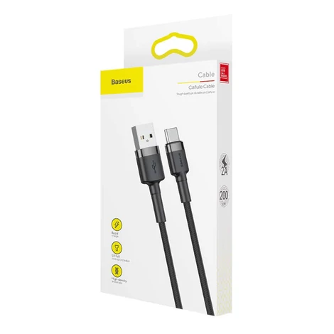 Baseus Type-C USB C Cafule Adat- és töltőkábel 2A 2m Szürke + Fekete (CATKLF-CG1)