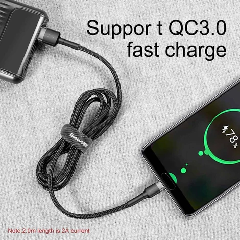 Baseus Type-C USB C Cafule Adat- és töltőkábel 2A 3m Szürke + Fekete (CATKLF-UG1)