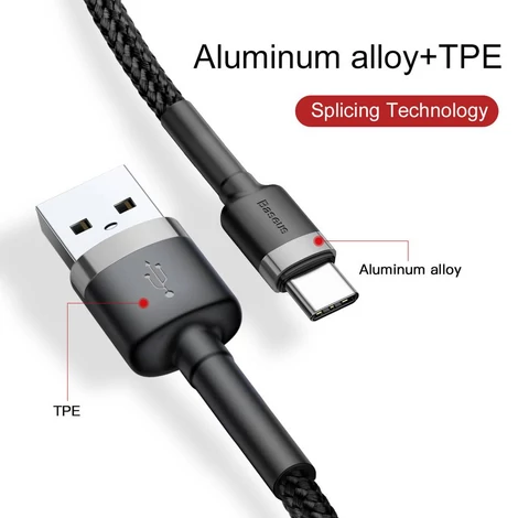 Baseus Type-C USB C Cafule Adat- és töltőkábel 2A 3m Szürke + Fekete (CATKLF-UG1)