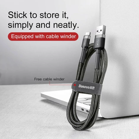 Baseus Type-C USB C Cafule Adat- és töltőkábel 2A 3m Szürke + Fekete (CATKLF-UG1)