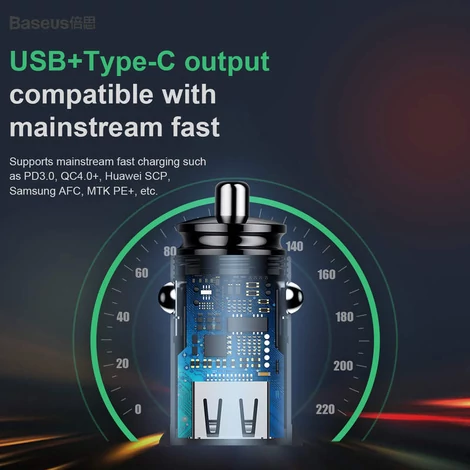 Baseus Circular USB / USB-C 30W autós töltő, fekete (CCALL-YS01)