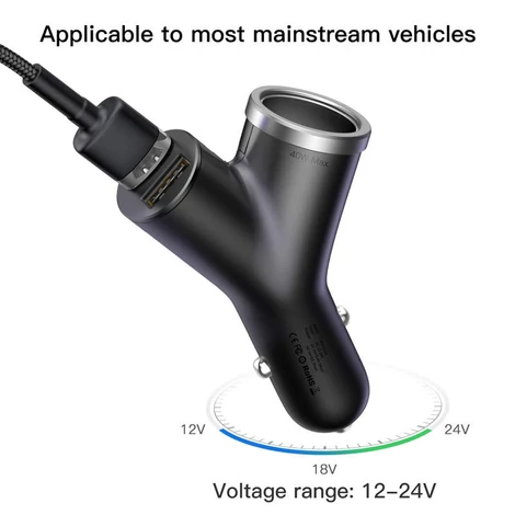 Baseus Y-type Autós 2xUSB + szivargyújtó töltő Fekete (CCALL-YX01)