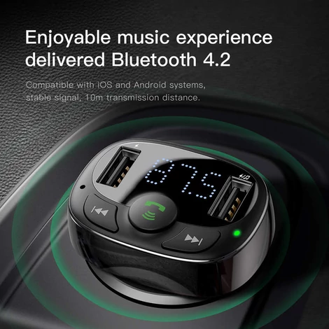 Baseus T-Typed Bluetooth FM Transmitter + Autós 2xUSB töltő LED képernyővel Fekete (CCTM-01)