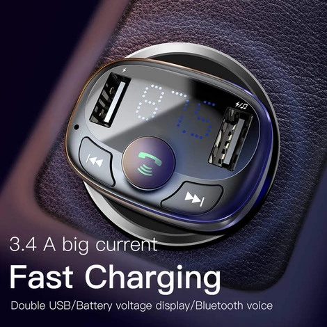 Baseus T-Typed Bluetooth FM Transmitter + Autós 2xUSB töltő LED képernyővel Fekete (CCTM-01)