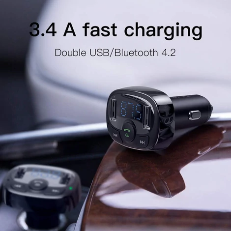 Baseus T-Typed Bluetooth FM Transmitter + Autós 2xUSB töltő LED képernyővel Fekete (CCTM-01)