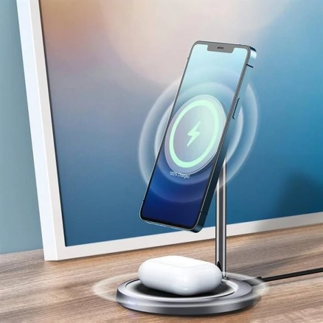 CHOETECH T575-S 2 in 1 MagSafe állványos vezeték nélküli gyorstöltő 15W iPhpne 12 / Airpods kompatibilis (Szürke)