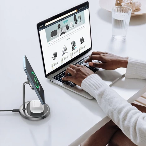 CHOETECH T575-S 2 in 1 MagSafe állványos vezeték nélküli gyorstöltő 15W iPhpne 12 / Airpods kompatibilis (Szürke)