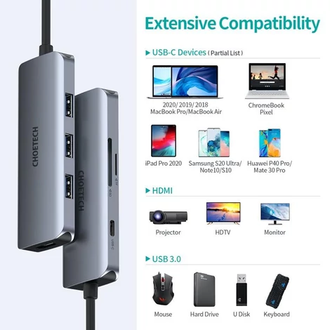 Choetech HUB-M19 7 in 1 Multiport USB C HUB adapter 3x USB 3.0 HDMI Micro SD / SD Kártyaolvasó