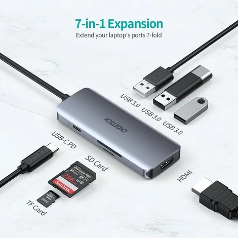 Choetech HUB-M19 7 in 1 Multiport USB C HUB adapter 3x USB 3.0 HDMI Micro SD / SD Kártyaolvasó