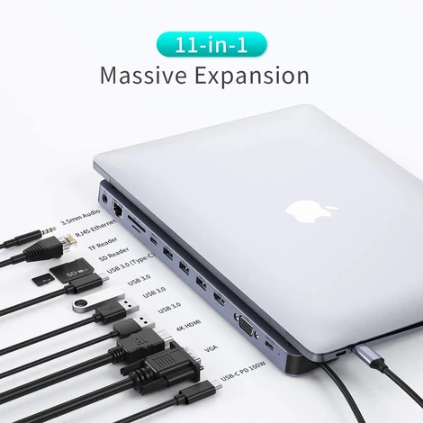 Choetech HUB-M20 11 in 1 USB Type C Hub Adapter USB C PD 100W 4K HDMI VGA 3x USB 3.0 3.5mm Audio RJ45 Ethernet SD/TF kártyaolvasó