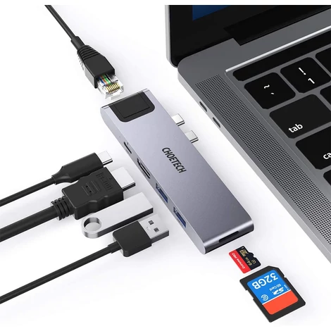 Choetech HUB-M24 7in2 USB C HUB Átalakító Adapter MacBook Pro - 2016-2020 MacBook Air 2018-2020 Thunderbolt 3 100W PD 4K HDMI Gigabit Ethernet 2x USB 3.0 SD/MicroSd kártyaolvasó