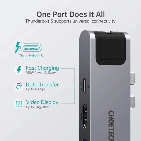 Choetech HUB-M24 7in2 USB C HUB Átalakító Adapter MacBook Pro - 2016-2020 MacBook Air 2018-2020 Thunderbolt 3 100W PD 4K HDMI Gigabit Ethernet 2x USB 3.0 SD/MicroSd kártyaolvasó