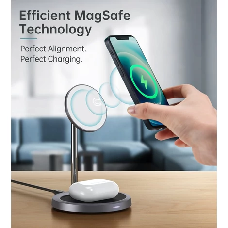 CHOETECH T575-S 2 in 1 MagSafe állványos vezeték nélküli gyorstöltő 15W iPhpne 12 / Airpods kompatibilis (Szürke)