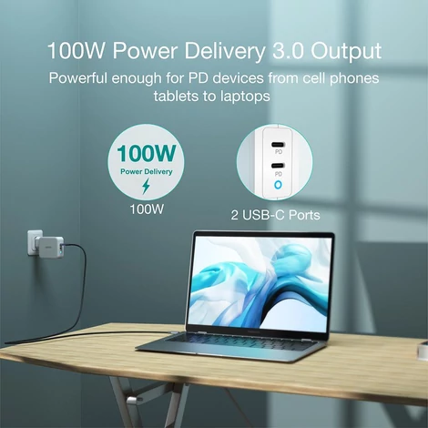 Choetech PD 100W Nagyteljesítményű GaN Dupla USB C Hálózati Fali Töltő Adapter MacBook