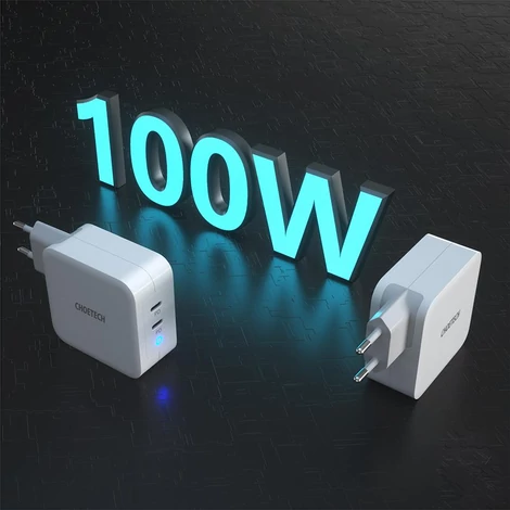 Choetech PD 100W Nagyteljesítményű GaN Dupla USB C Hálózati Fali Töltő Adapter MacBook