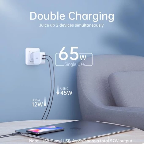 Choetech PD8002 Nagyteljesítményű 65W 2 portos USB + USB C PD 3.0 fali hálózati töltő (MacBook kompatibilis)