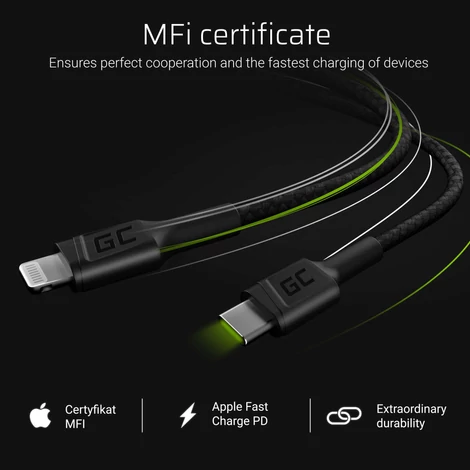 Green Cell Power Stream USB-C - Lightning Adat és töltőkábel 100 cm tápellátással (Apple MFi Tanusítvány)