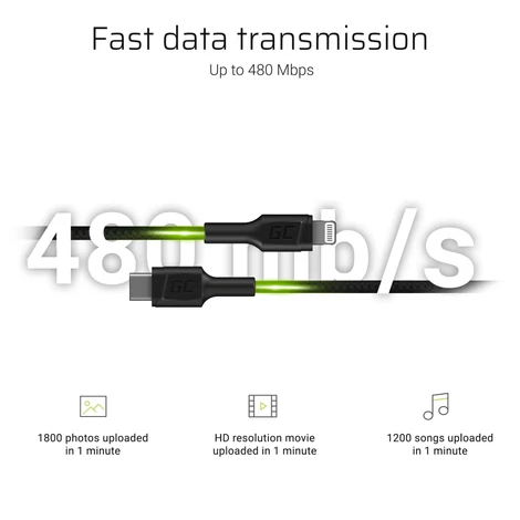 Green Cell Power Stream USB-C - Lightning Adat és töltőkábel 100 cm tápellátással (Apple MFi Tanusítvány)