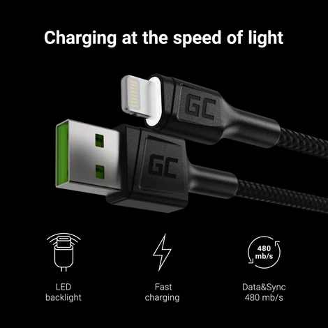 Green Cell Adat és töltőkábel Ray USB-A - Lighting 120cm fehér LED világítással és Apple 2.4A gyors töltés támogatással