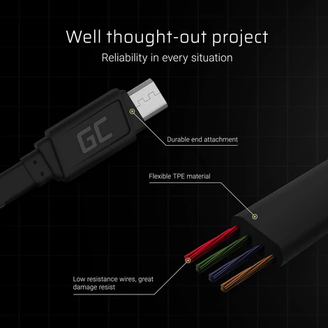 Green Cell GC matte Mikro USB Adat és töltőkábel 25 cm hosszúság gyorstöltési funkció támogatással