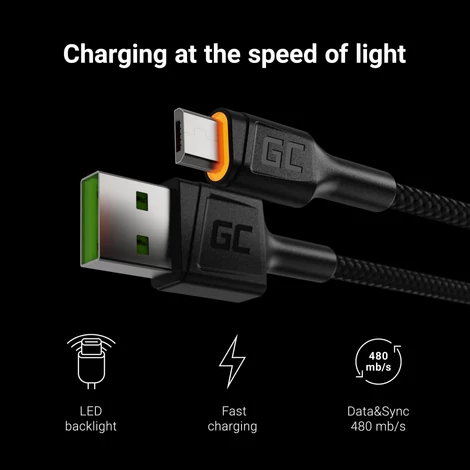 Green Cell Ray USB Adat és töltőkábel - Micro USB 200cm narancssárga LED világítás Ultra Charge gyors töltés QC 3.0 támogatás
