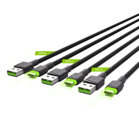 Green Cell Kábel Szett 3x GC Ray USB-C 120 cm-es USB Adat és töltőkábel zöld LED világítás Ultra Charge gyors töltés QC 3.0 támogatás