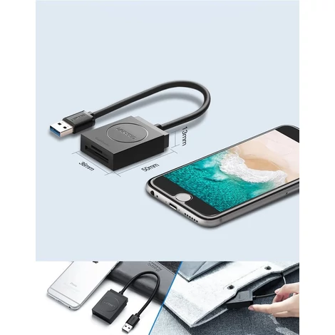 Ugreen USB 3.0 SD / micro SD kártyaolvasó - Fekete (20250)