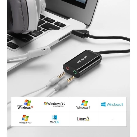 Ugreen külső USB hangkártya 3.5mm mini jack hangerőszabályzóval 15cm - Fekete (30724)