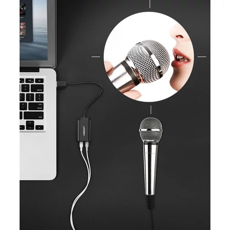 Ugreen külső USB hangkártya 3.5mm mini jack hangerőszabályzóval 15cm - Fekete (30724)