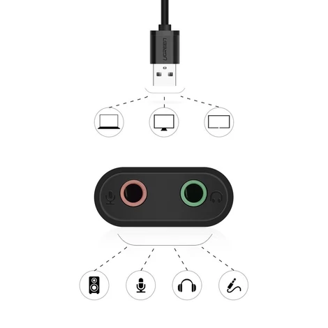 Ugreen külső USB hangkártya 3.5mm mini jack hangerőszabályzóval 15cm - Fekete (30724)