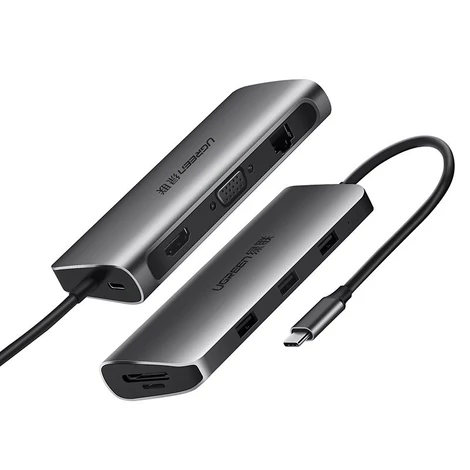 Ugreen USB Typ C HUB 3x USB 3.0 / SD / micro SD kártyaolvasó / RJ45 1000Mbps hálózati adapter / HDMI / VGA - Szürke (40873)