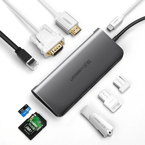 Ugreen USB Typ C HUB 3x USB 3.0 / SD / micro SD kártyaolvasó / RJ45 1000Mbps hálózati adapter / HDMI / VGA - Szürke (40873)