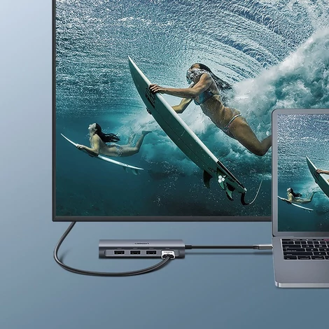 Ugreen USB Typ C HUB 3x USB 3.0 / SD / micro SD kártyaolvasó / RJ45 1000Mbps hálózati adapter / HDMI / VGA - Szürke (40873)