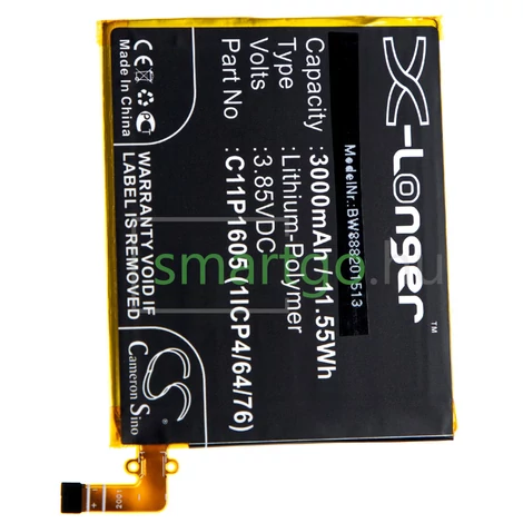 VHBW Telefon akkumulátor akku Asus C11P1605 (1ICP4/64/76) - 3000mAh, 3.85V, Li-polymer